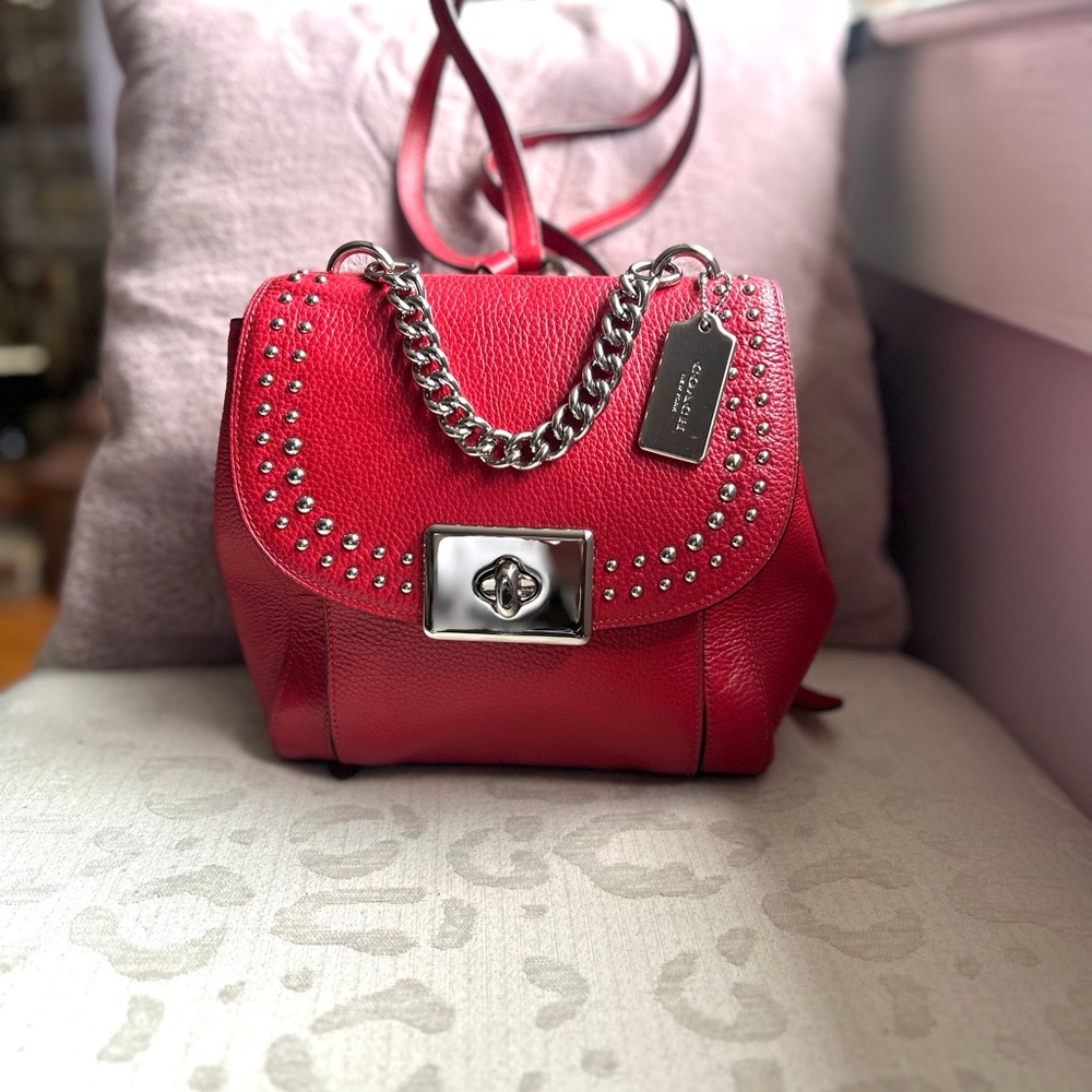 Coach Cassidy Red Pebble Leather Backpack, Silver Hardware